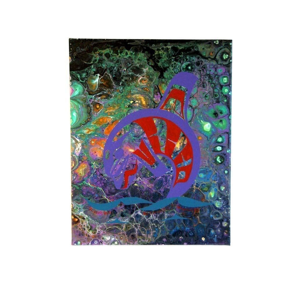 14" x 11" Original Colourful Flipper Dolphin Canvas Painting by Ben Houstie: 14" x 11" Original Colourful Flipper Dolphin Canvas Painting by Ben Houstie This unique painting shows a dolphin painted in purple and red with a multi color background that is all hand paint