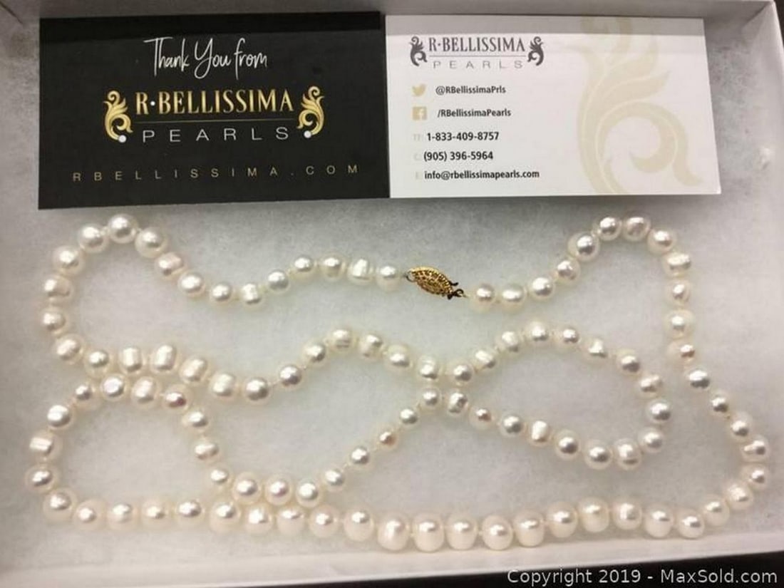 8MM FRESHWATER PEARL NECKLACE GOLD CLASP: 8mm Freshwater Pearl Necklace With Gold Clasp. R. Bellissima Pearls Are Known For Their Beauty. With Over 100 Pearls on the Hand Knotted Necklace & Measuring over 32 Inches In Length.