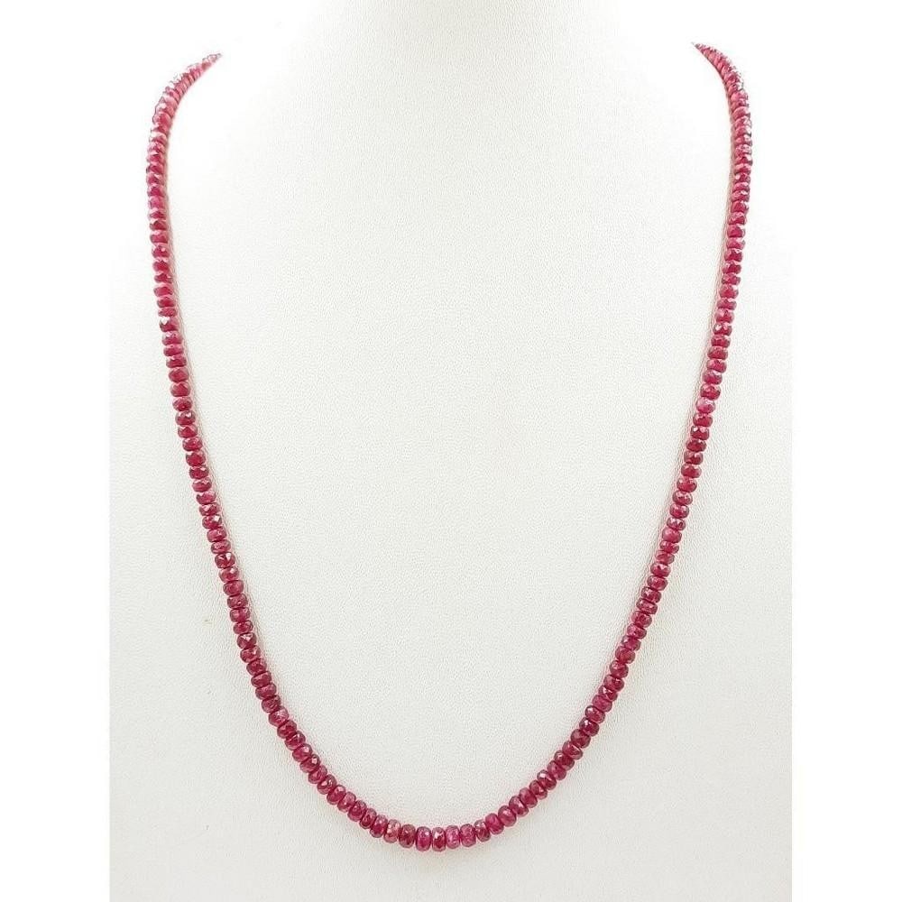 Ruby Faceted Bead String Necklace: Ruby Faceted Bead String Necklace Gemstone Diameter: 3.2mm - 4.6mm Length of Necklace: 45cm Weight in Carats: 78.68 View Photos For Further Details