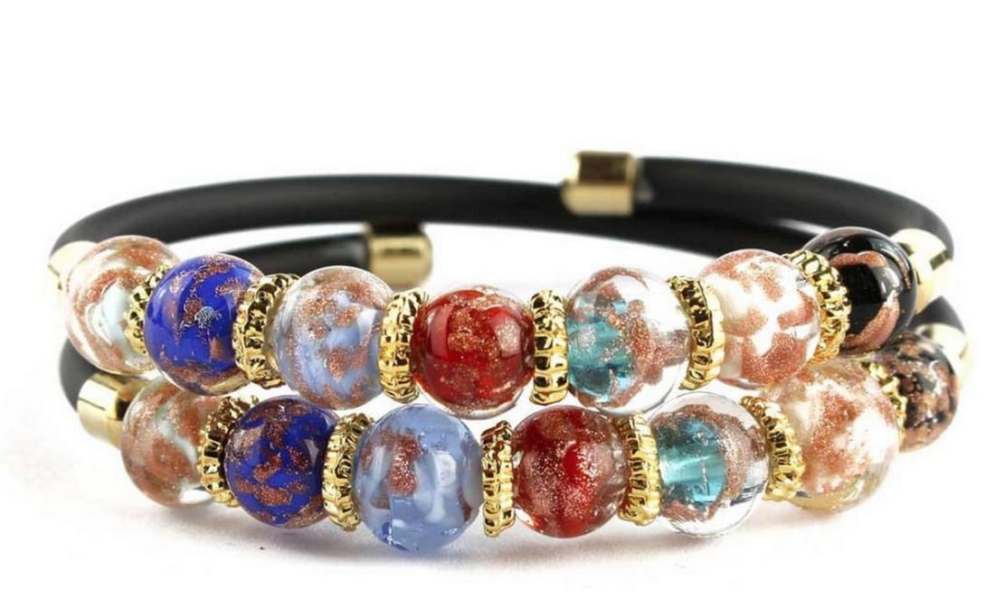 Double Rowed Multicolour Glass Bead Bracelet: Double Rowed Multicolour Glass Bead Bracelet Hand made bracelet with Murano glass, lamp working technique. Beads are made in glass molten and embellished with different colors and avventurina, so
