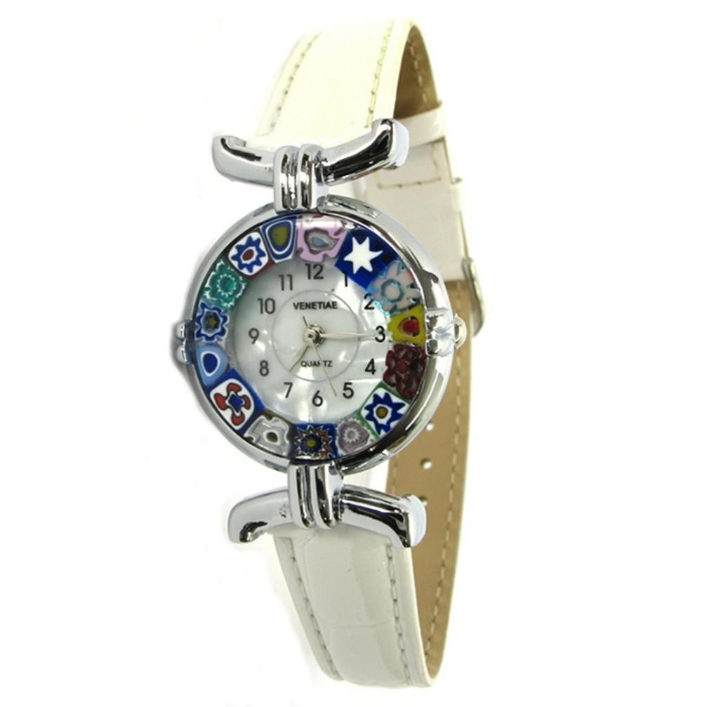 Millefiori Wristwatch With White Strap & Chrome Casing: Millefiori Wristwatch With White Strap & Chrome Casing This elegant original Murano glass watch is a unique timepiece featuring high-quality workmanship and the most famous Murano technique- Mill