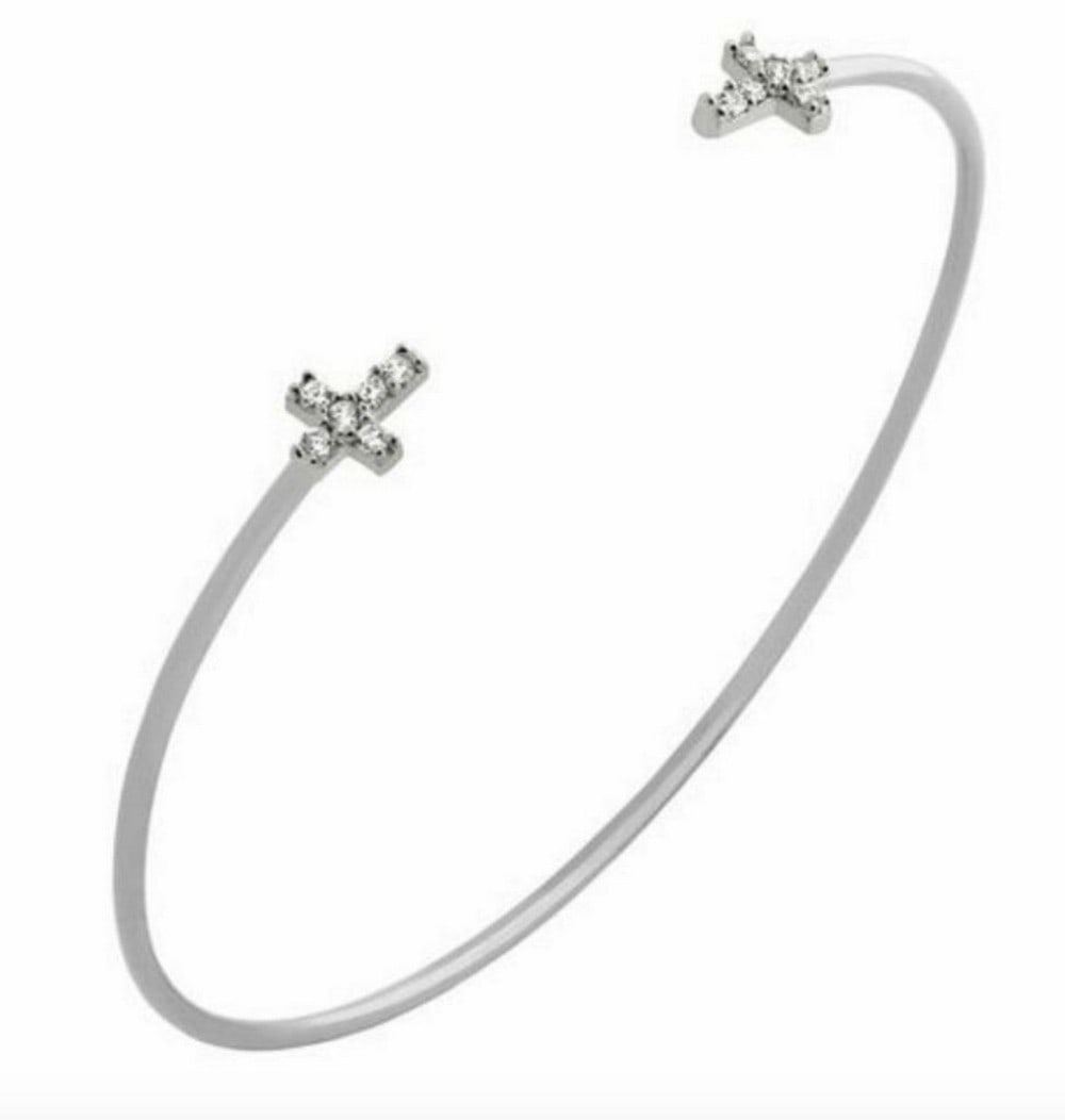 Rhodium Plated 925 Sterling Silver Dainty Bangle with Austrian Crystal Crosses (1 of 2)