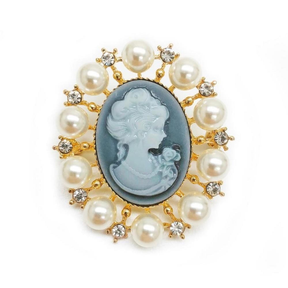 Grey And Gold Pearl Cameo Broach With Silhouette Of A Beauty: Grey And Gold Pearl Cameo Broach With Silhouette Of A Beauty. View Photos For Further Details.