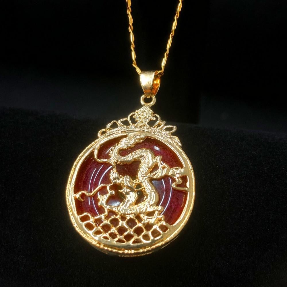 Chinese Carved Red Jade In Gold Dragon Mount (1 of 3)