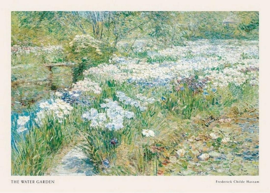 The Water Garden by Frederick Childe Hassam Poster Print - 20" x 28": The Water Garden by Frederick Childe Hassam Poster Print - 20" x 28" Immerse yourself in the serene beauty of "The Water Garden" poster, where the lush brushstrokes of