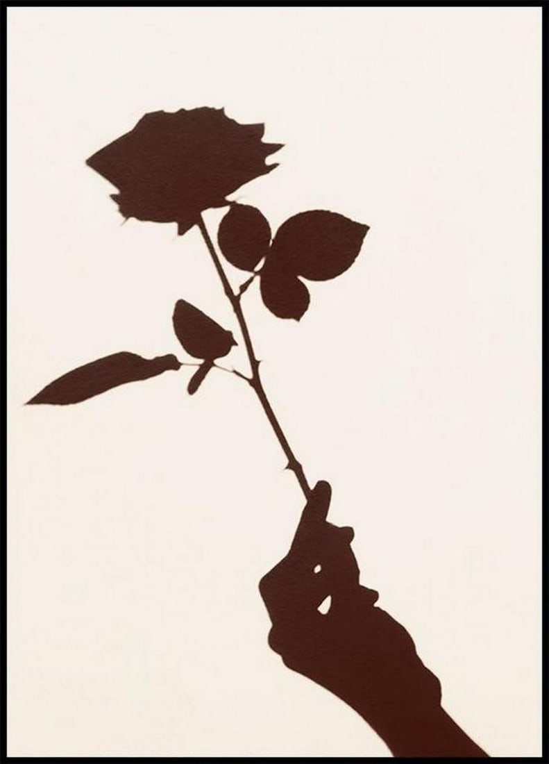 Shadowed Rose Poster: Shadowed Rose Poster Poster of a dark shadow depicting a hand holding a rose against a beige background. Create a romantic feeling in your home, combined with a little mystery. Perfect poster to have
