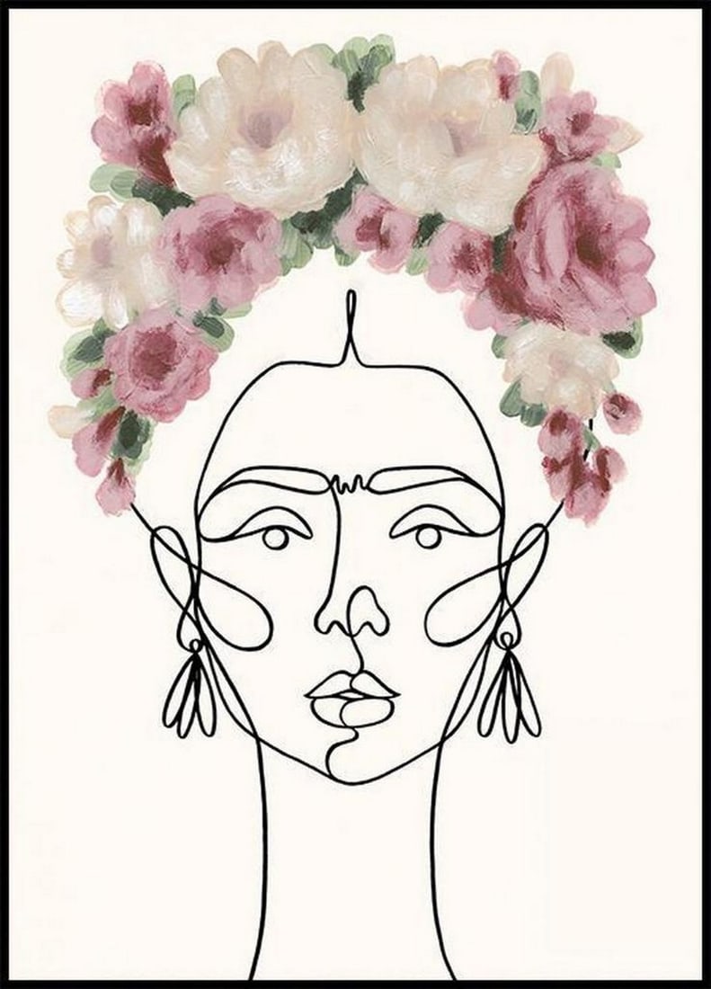 Frida Kahlo Line Art Poster: Frida Kahlo Line Art Poster Line art poster of Frida Kahlo with painted roses in pink and beige with green leaves on her head against a beige background. Perfect art print for you who want to combine