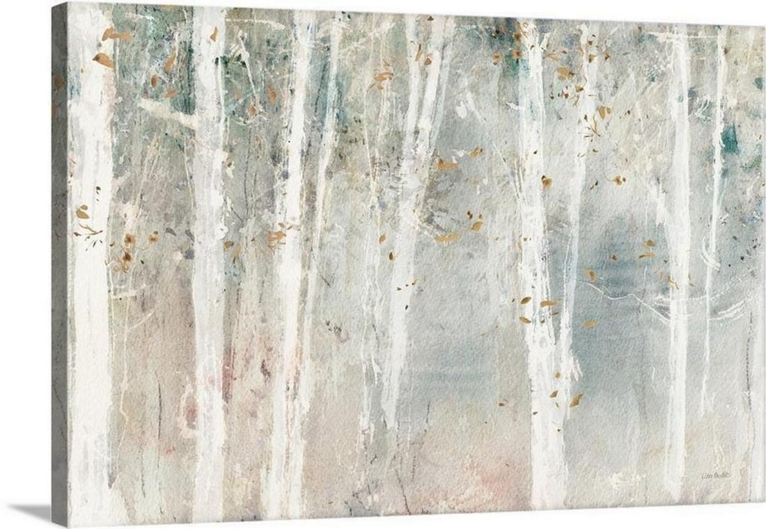 A Winter Woodland Walk Canvas Reproduction Print: A Winter Woodland Walk Canvas Reproduction Print A contemporary abstract landscape of white trees in the forest with a water-colored neutral background and golden leaves. Artist: Lisa Audit 