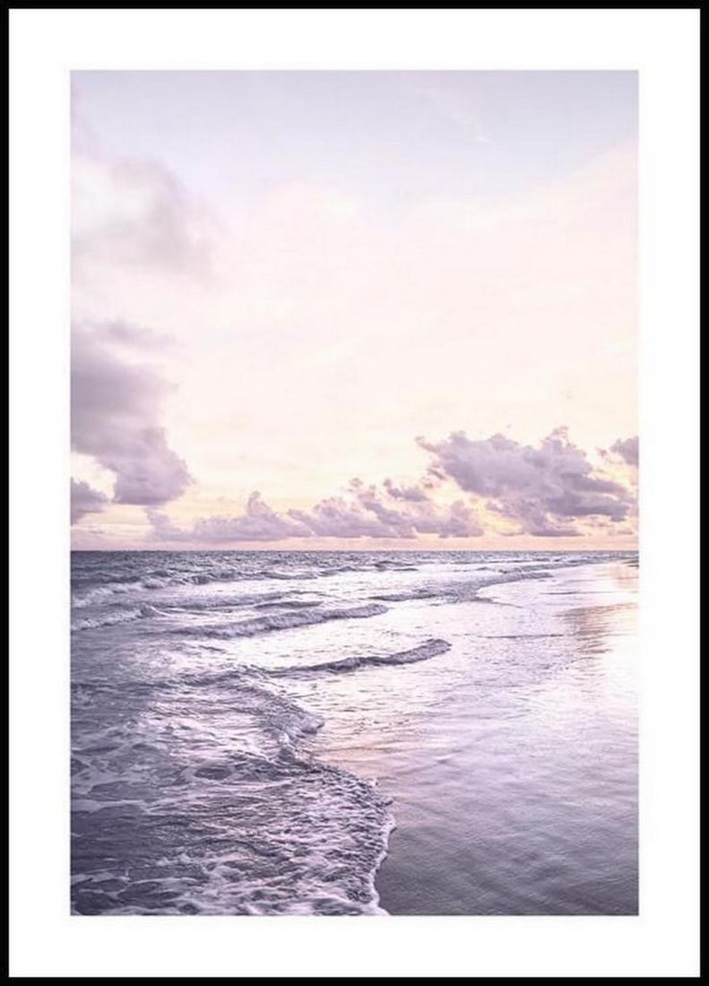 Pastel Purple Waves Poster: Pastel Purple Waves Poster A romantic landscape poster of a purple sea with clouds in the purple yellow sky. The waves gently hit the beach and the poster radiates calm and harmony. Purple is the