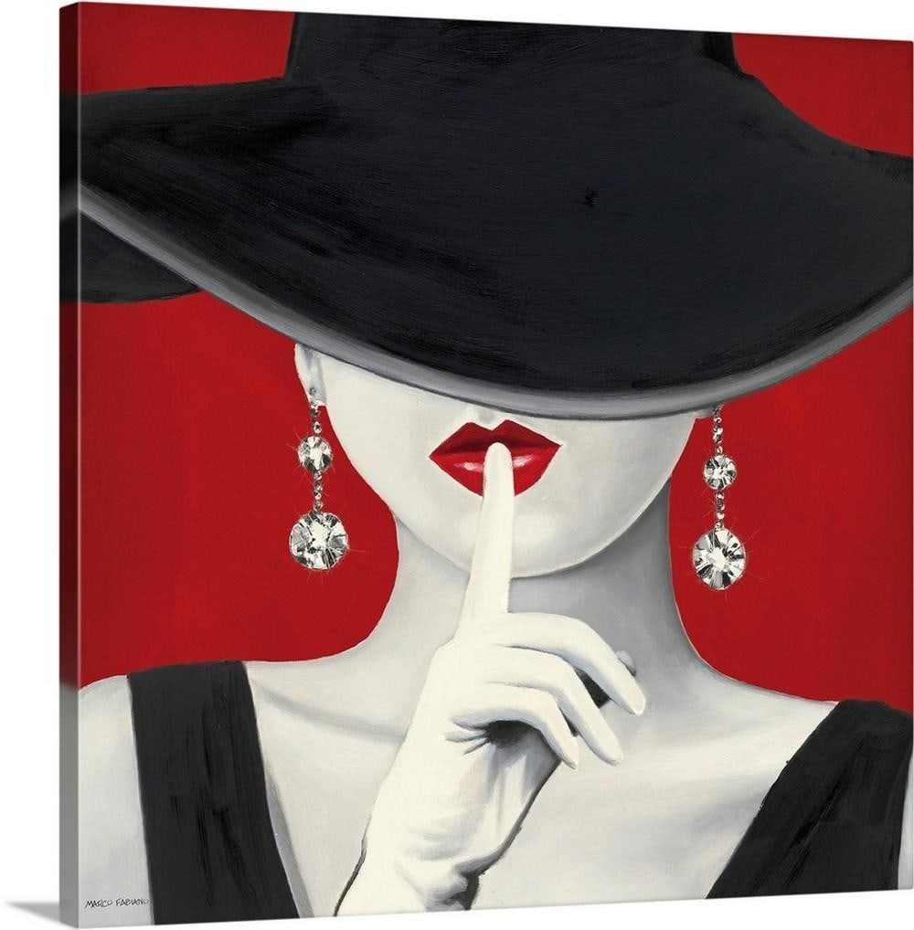 Haute Chapeau Rouge I by Marco Fabiano Canvas Reproduction: Haute Chapeau Rouge I by Marco Fabiano Canvas Reproduction A square artwork depicting a woman in a black dress with her face obscured by a wide black hat. She is shown wearing white gloves and