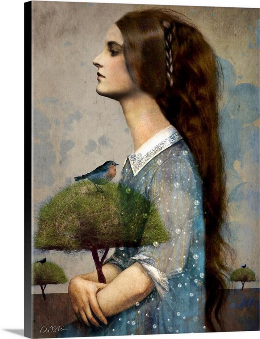 Plant Me a Tree by Catrin Welz-Stein – Canvas Reproduction Wall Art: Plant Me a Tree by Catrin Welz-Stein – Canvas Reproduction Wall Art A profile of a woman with long hair holding a tree with a blue bird perched within it. The artwork combines detailed imagery and s