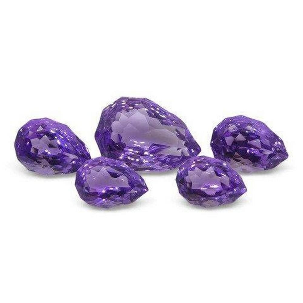 11cts Fancy Pear Cut Amethyst Set: Description: Gem Type: Amethyst Number of Stones: 5 Weight: 11 cts Measurements: 2x 9.00 x 6.00 mm, 2x 10.00 x 7.00 mm / 1x 14.00 x 10.00 mm Shape: Pear Cutting Style Crown: Modified