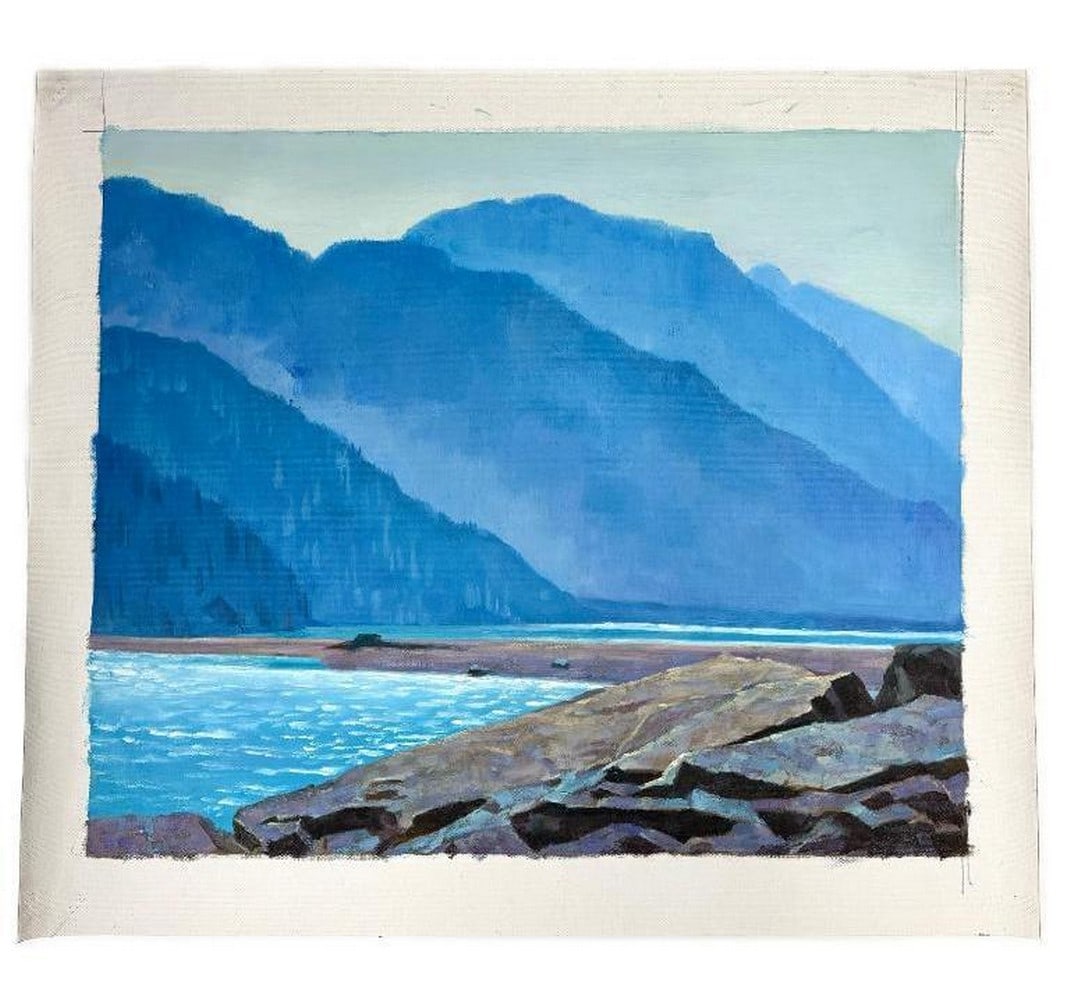 20" x 23 3/4" - Original Acrylic On Canvas Of Bear River At Stewart, British Columbia: 20" x 23 3/4" - Original Acrylic On Canvas Of Bear River At Stewart, British Columbia - After - ALAN CASWELL COLLIER, O.S.A., R.C.A. (1911-1990) Offering Up For Auction A Beatiful Original Of