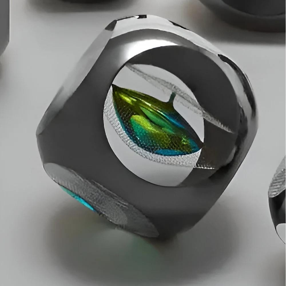 ‘Firefly’ Black Glass Paperweight by Remigijus Kriukas: ‘Firefly’ Black Glass Paperweight by Remigijus Kriukas Handcrafted by Remigijus Kriukas, the *Firefly* paperweight features a cube-like form balanced elegantly on one corner, revealing a