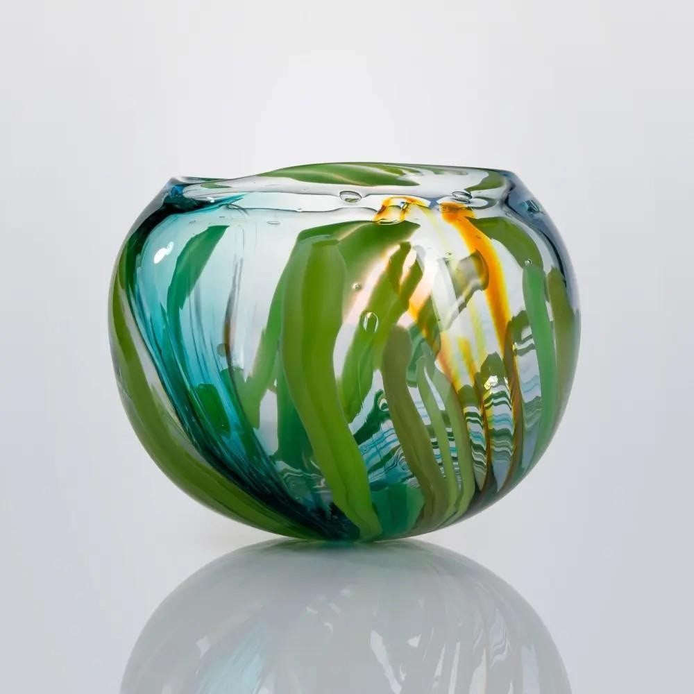 Seagrass IV Green Glass Bowl by Roberta Mason: Seagrass IV Green Glass Bowl by Roberta Mason This free-blown green glass bowl, crafted from re-melted recycled glass, is part of Roberta Mason's new Seagrass series. With its cane-based design,