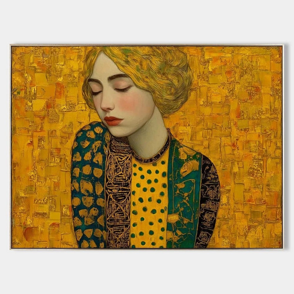 Golden Reverie Canvas Painting: Golden Reverie Canvas Painting Set against a radiant field of textured gold, a serene figure turns inward, eyes gently closed in a moment of quiet reflection. Her softly modeled face contrasts with ri