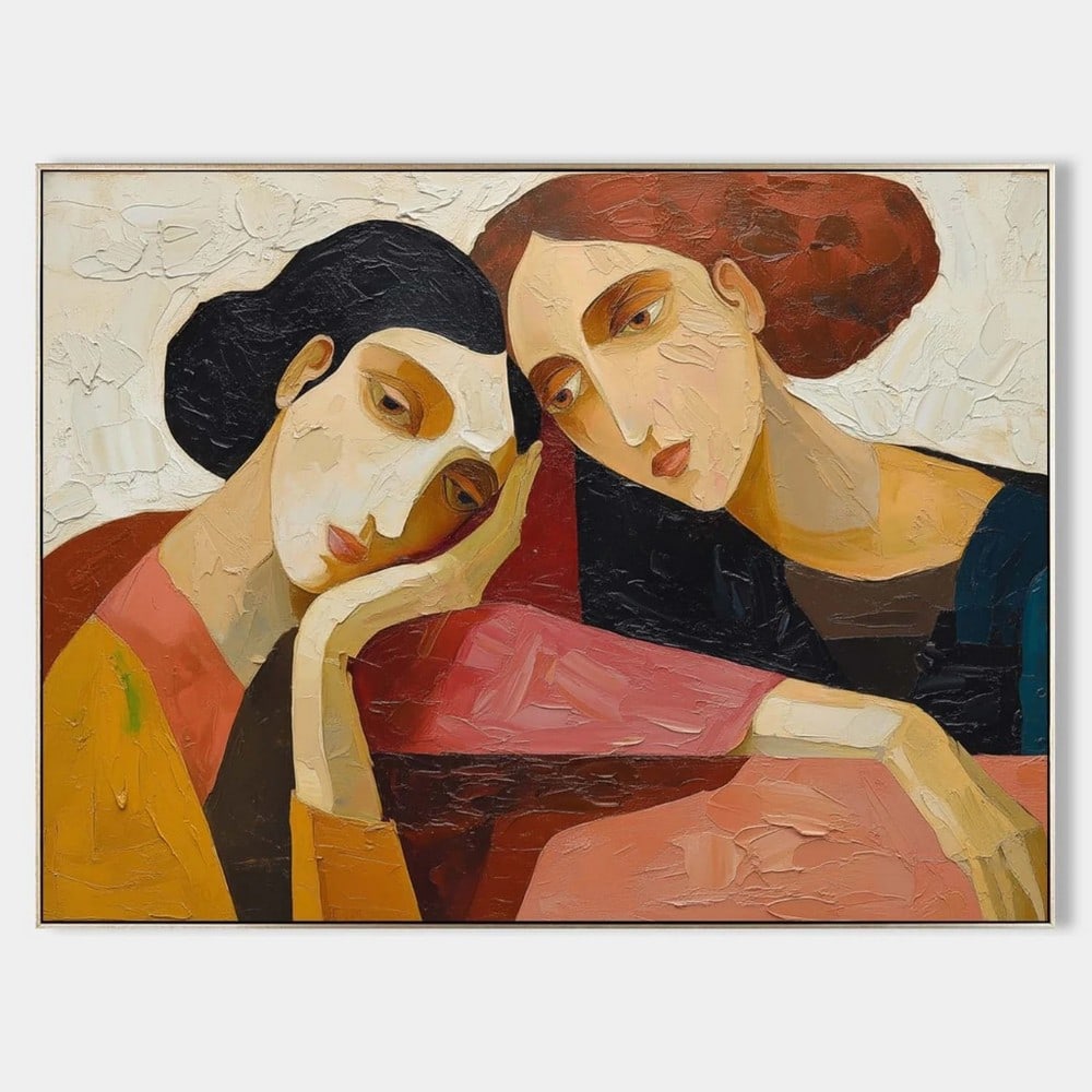 Leaning Toward Silence Canvas Painting: Leaning Toward Silence Canvas Painting In a softly muted world of warm earth tones and gentle light, two figures incline toward one another, their closeness forming a quiet sanctuary. Elongated faces