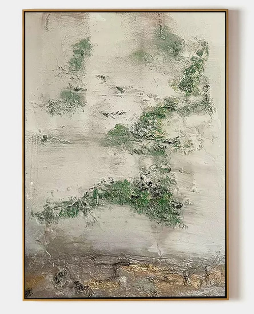 Wasabi-Sabi Inspired Oil Canvas Painting: Wasabi-Sabi Inspired Oil Canvas Painting This oil canvas painting embodies the philosophy of Wabi-Sabi, celebrating imperfection and simplicity. With organic textures and earthy green tones, the