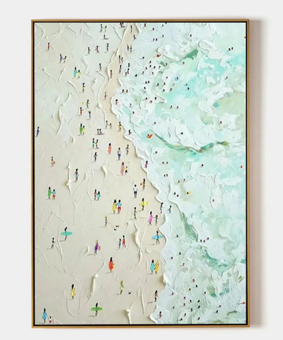 "The Whispering Waves" Textured Plaster Art Canvas Painting: "The Whispering Waves" Textured Plaster Art Canvas Painting Under the golden sun, beachgoers weave their stories into the shifting sands. Some bask in tranquility, while others chase the tide