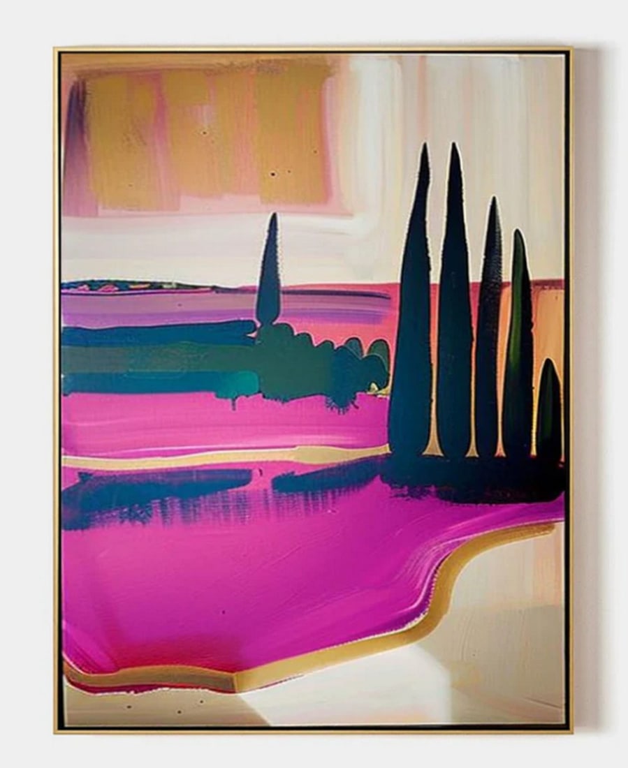 Between Light and Shadow Abstract Painting: Between Light and Shadow Abstract Painting This abstract painting features bold, sweeping strokes of magenta, pink, and purple hues, creating a dynamic and engaging scene. A row of tall, dark cypress