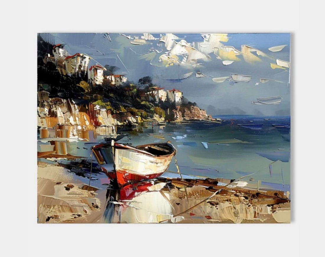 Harbor of Stillness Canvas Art Painting: Harbor of Stillness Canvas Art Painting A lone boat rests quietly on the shore beneath a moody sky, while cliffside cottages overlook the water in serene solitude. This painting captures a