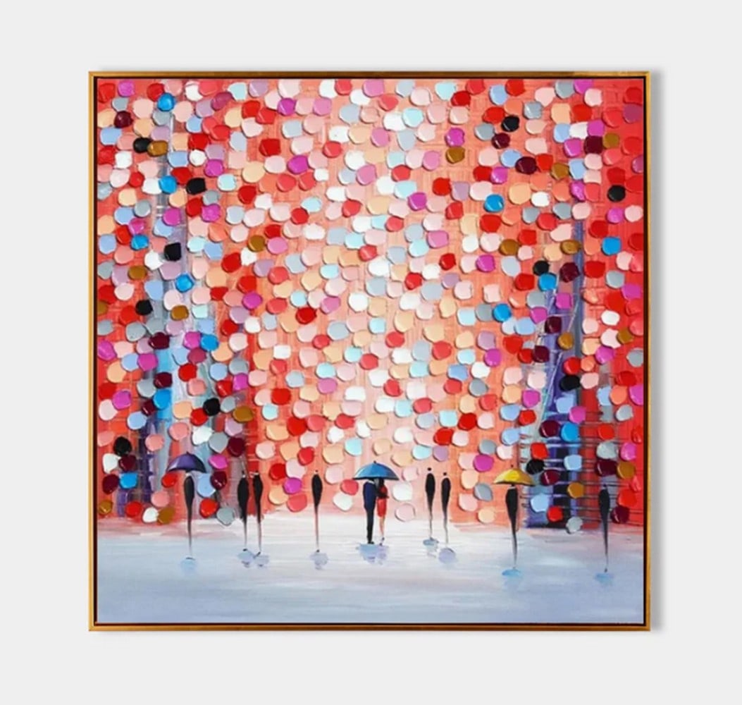 Whispers in the Rain Canvas Painting: Whispers in the Rain Canvas Painting A quiet stroll beneath rain-kissed skies, this artwork captures the stillness of a shared moment. Soft silhouettes drift through a dreamy veil of color—each umbr