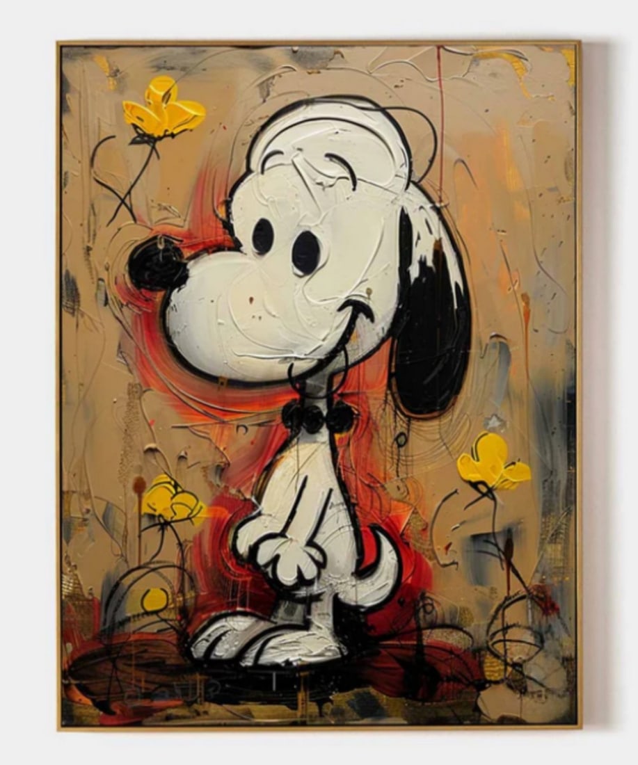 "Dreamscape Drift: Snoopy Beyond Reality" Grafitti Canvas Painting: "Dreamscape Drift: Snoopy Beyond Reality" Grafitti Canvas Painting This imaginative piece transports Snoopy into a surreal dreamworld, where reality melts into whimsy. The bold floral backgrou