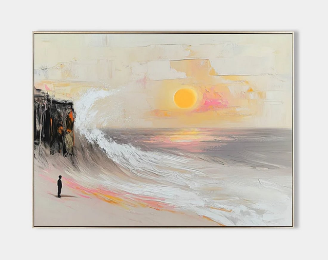 Tide of Memories Textured Canvas Painting: Tide of Memories Textured Canvas Painting Beneath a rose-dappled sky, a solitary figure gazes out over the restless sea—each wave rising like a forgotten memory, each ripple a whisper from the past.