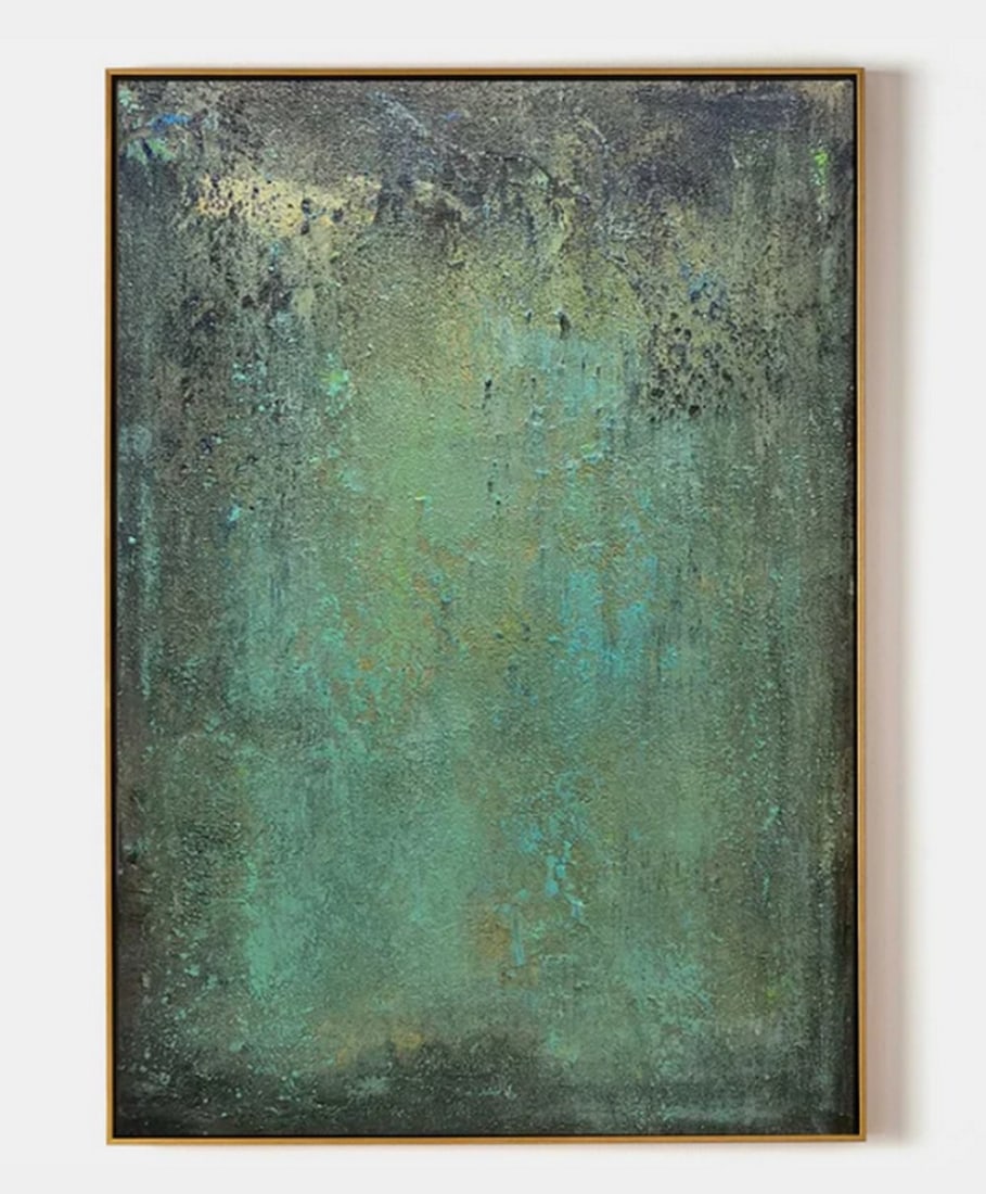 Emerald Mist Oil Canvas Painting: Emerald Mist Oil Canvas Painting This painting blends deep green and teal hues, forming an abstract composition reminiscent of a misty forest or an underwater dreamscape. Darker tones at the top trans
