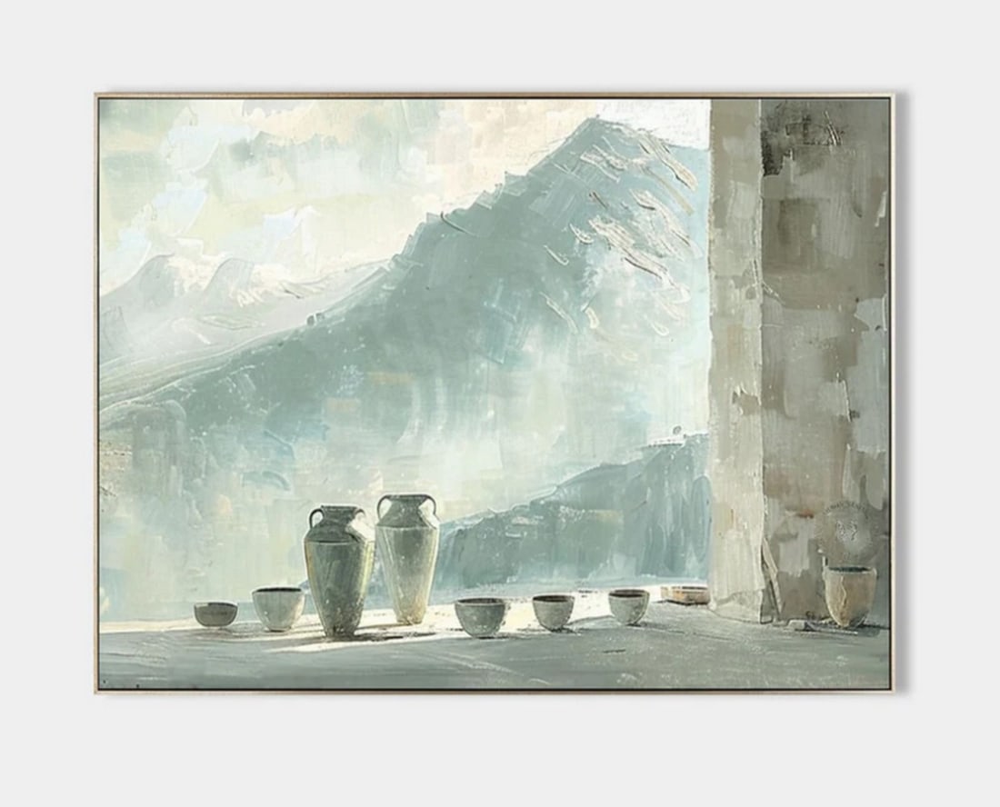 "Serenity in Still Life" Minimalist Canvas Painting: "Serenity in Still Life" Minimalist Canvas Painting This painting presents a tranquil still life arrangement set against misty mountains. The foreground showcases carefully placed pottery—va