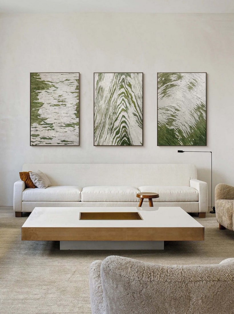 Set of 3 Green & Gray 3D Abstract Minimalist Canvas Painting: Set of 3 Green & Gray 3D Abstract Minimalist Canvas Painting Elevate your decor with this set of three Green & Gray 3D Abstract Minimalist Canvas Paintings. Each piece features clean lines an