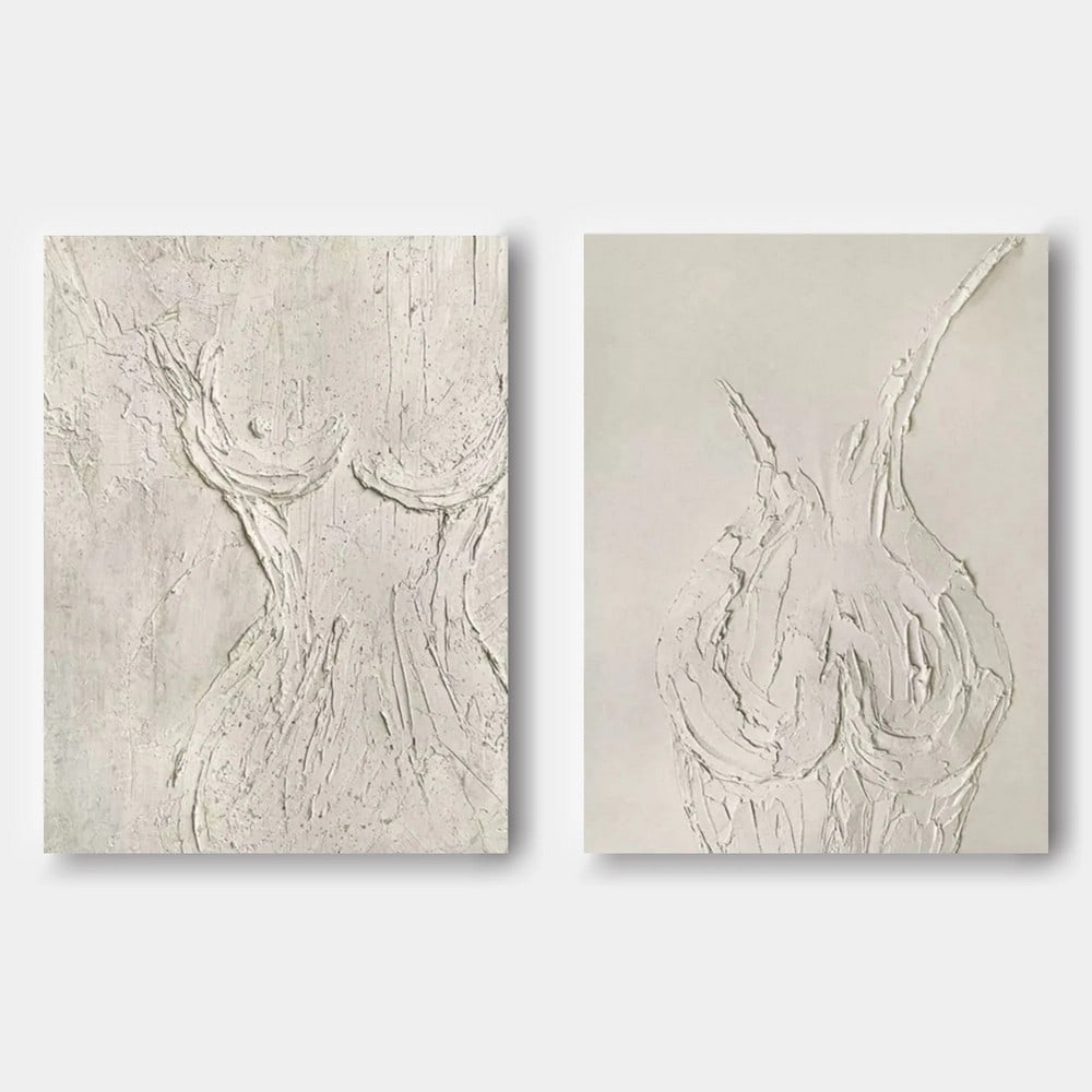 Set of 2 "Essence in White" Abstract Nude Canvas Original Painting: Set of 2 "Essence in White" Abstract Nude Canvas Original Painting Gracefully minimalist, this set of two abstract canvas paintings captures the delicate essence of the female form in soft wh