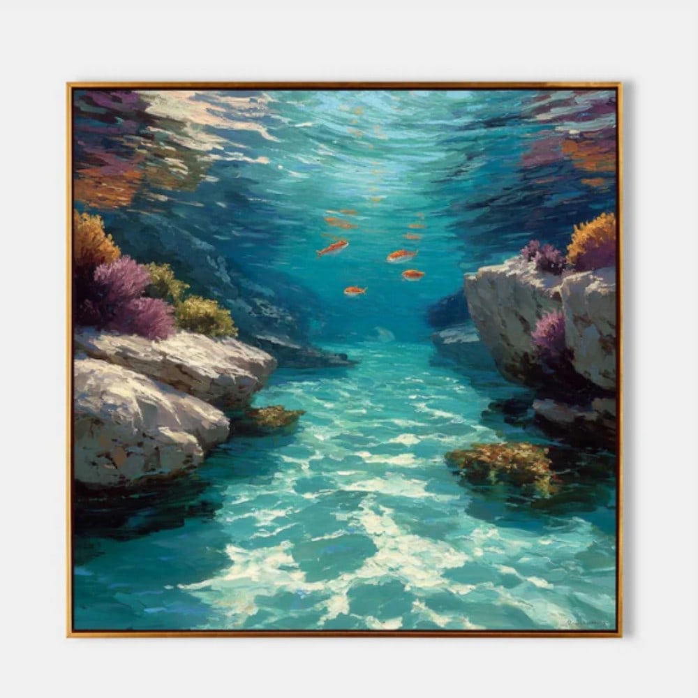 Whispers of the Coral Realm Canvas Painting: Whispers of the Coral Realm Canvas Painting An enchanting glimpse into a hidden underwater paradise, this painting invites viewers into a world suspended in serenity. Bathed in luminous blue hues,