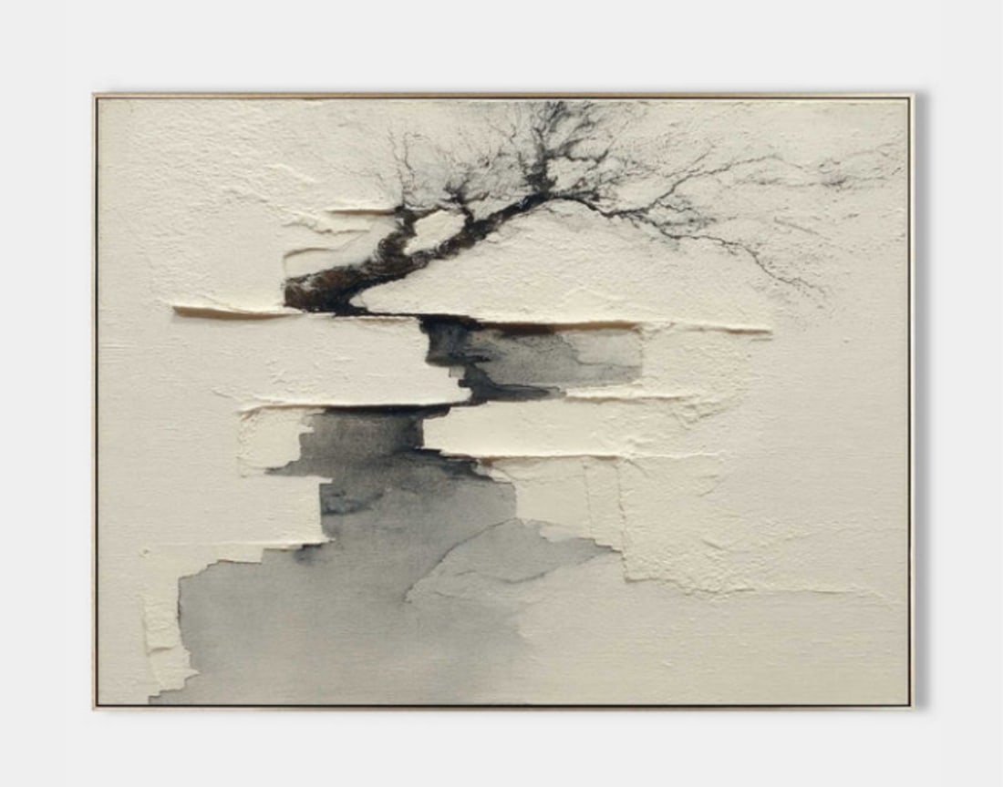 Echo Beneath the Branches Canvas Painting: Echo Beneath the Branches Canvas Painting A solitary tree stands at the center of this introspective landscape, its leafless limbs reaching outward like silent thoughts stretching into a still