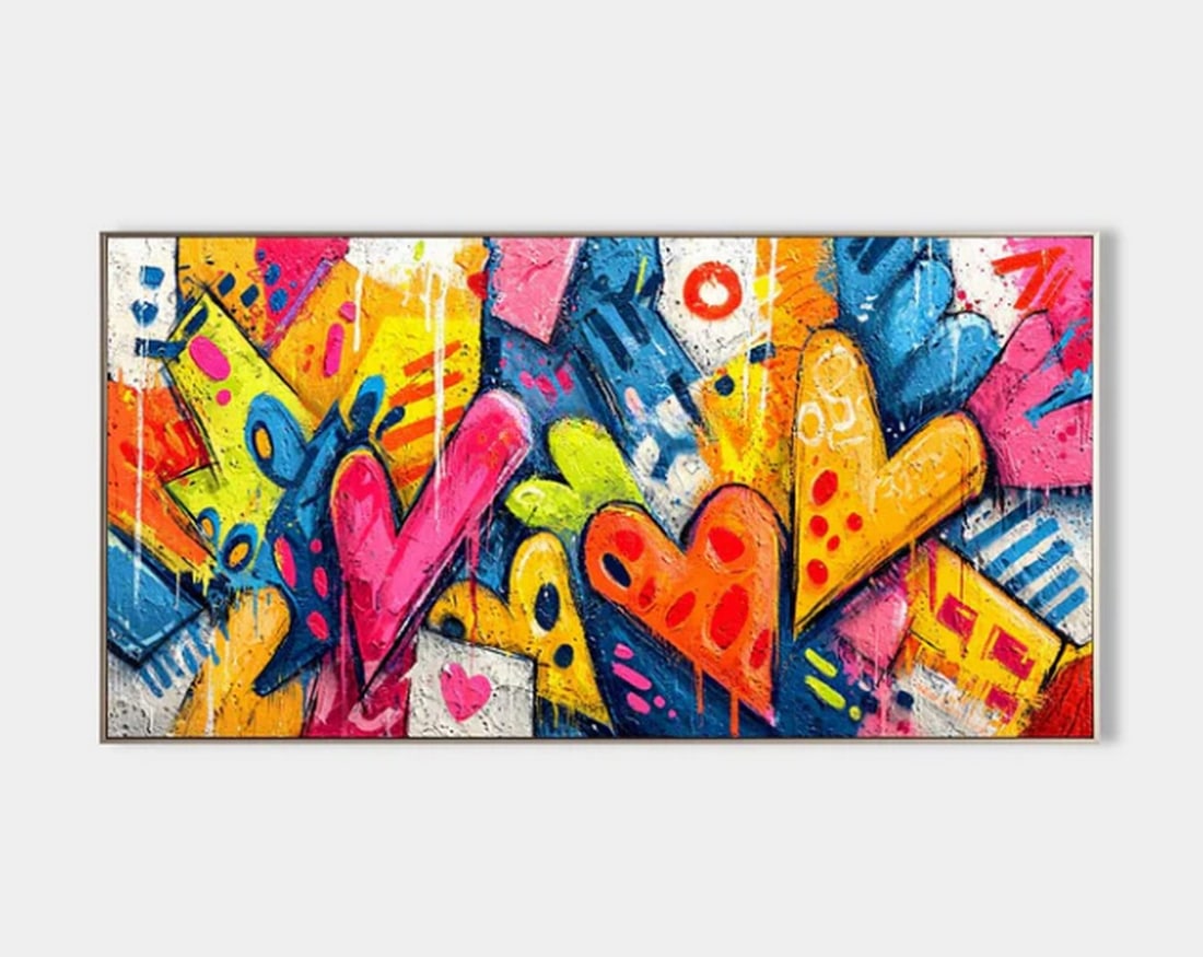 Kindred Pulse Canvas Painting: Kindred Pulse Canvas Painting A jubilant patchwork of hearts and abstract symbols dances across the canvas in brilliant tones of pink, yellow, turquoise, and coral. Each heart pulses with its own