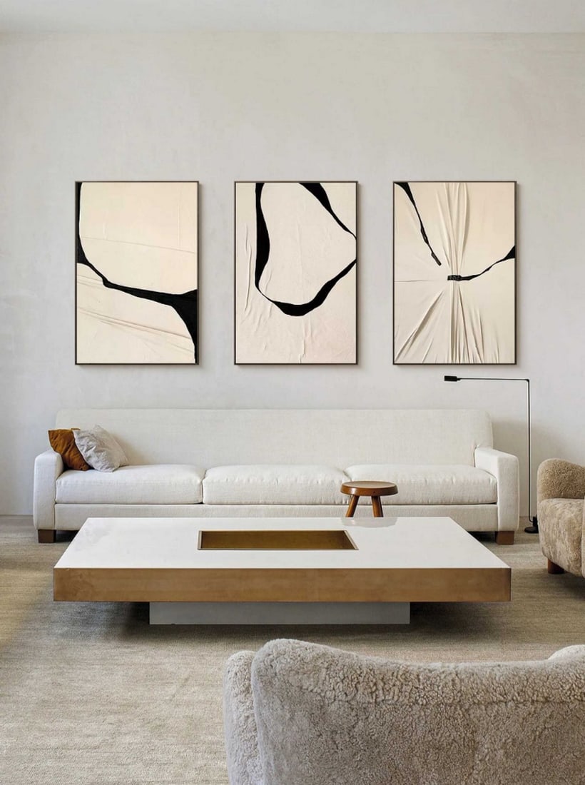 Set of 3 Black & Beige Abstract Minimalist Canvas Art Painting (1 of 3)