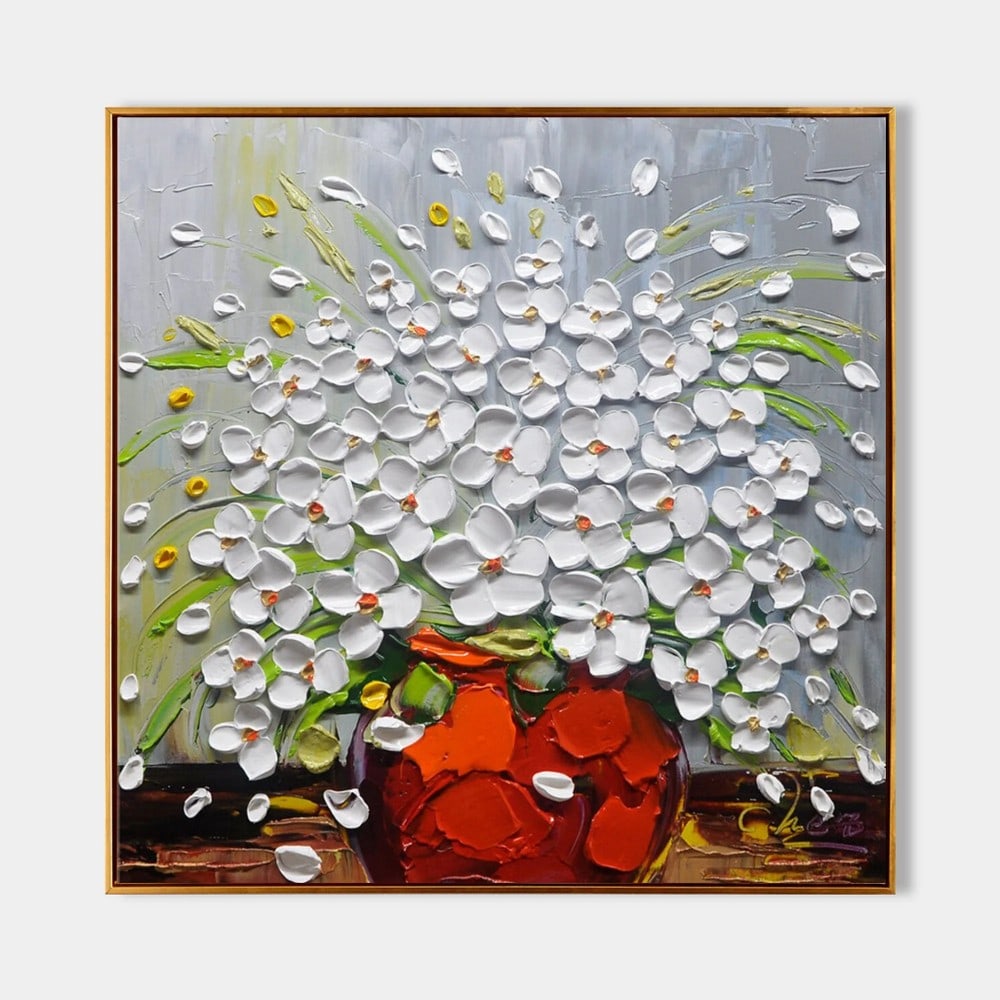 3D White Flowers in a Red Vase Canvas Art Painting: 3D White Flowers in a Red Vase Canvas Art Painting The 3D White Flowers in a Red Vase canvas art painting features delicate white blooms with textured, three-dimensional petals, set against a vibrant