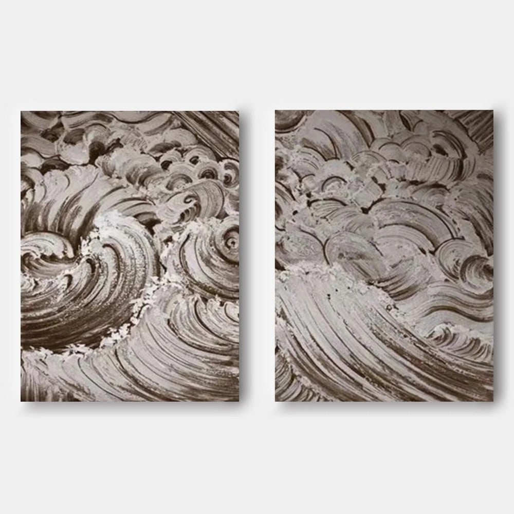 Set of 2 Neutral Tone Abstract Ocean Waves Original Canvas Painting: Set of 2 Neutral Tone Abstract Ocean Waves Original Canvas Painting Capture the serene beauty of the sea with this set of two abstract canvas paintings. Soft, neutral tones blend effortlessly to depi
