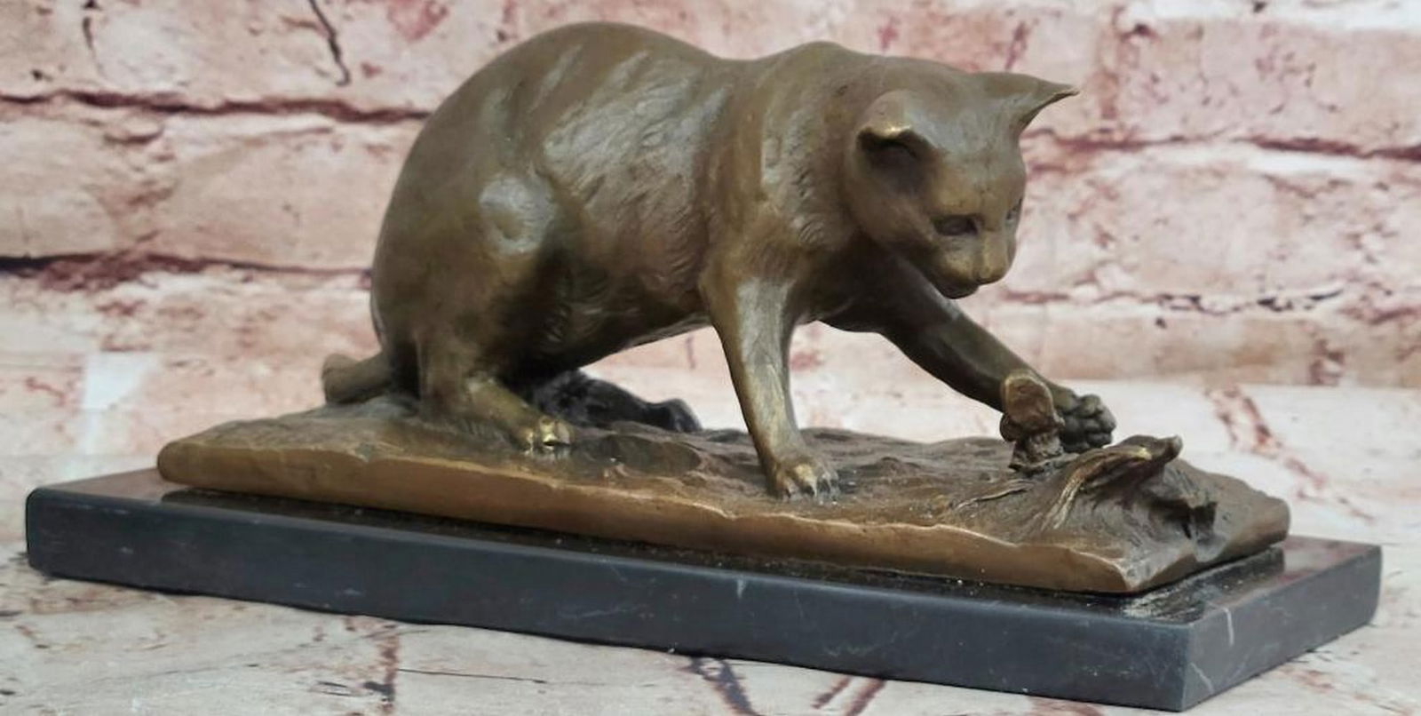 Milo Signed Cat and Butterfly Bronze Sculpture on Marble Base – 4.5" x 9.5": Milo Signed Cat and Butterfly Bronze Sculpture on Marble Base – 4.5" x 9.5" This charming bronze sculpture captures a playful cat interacting with a butterfly, full of curiosity and graceful