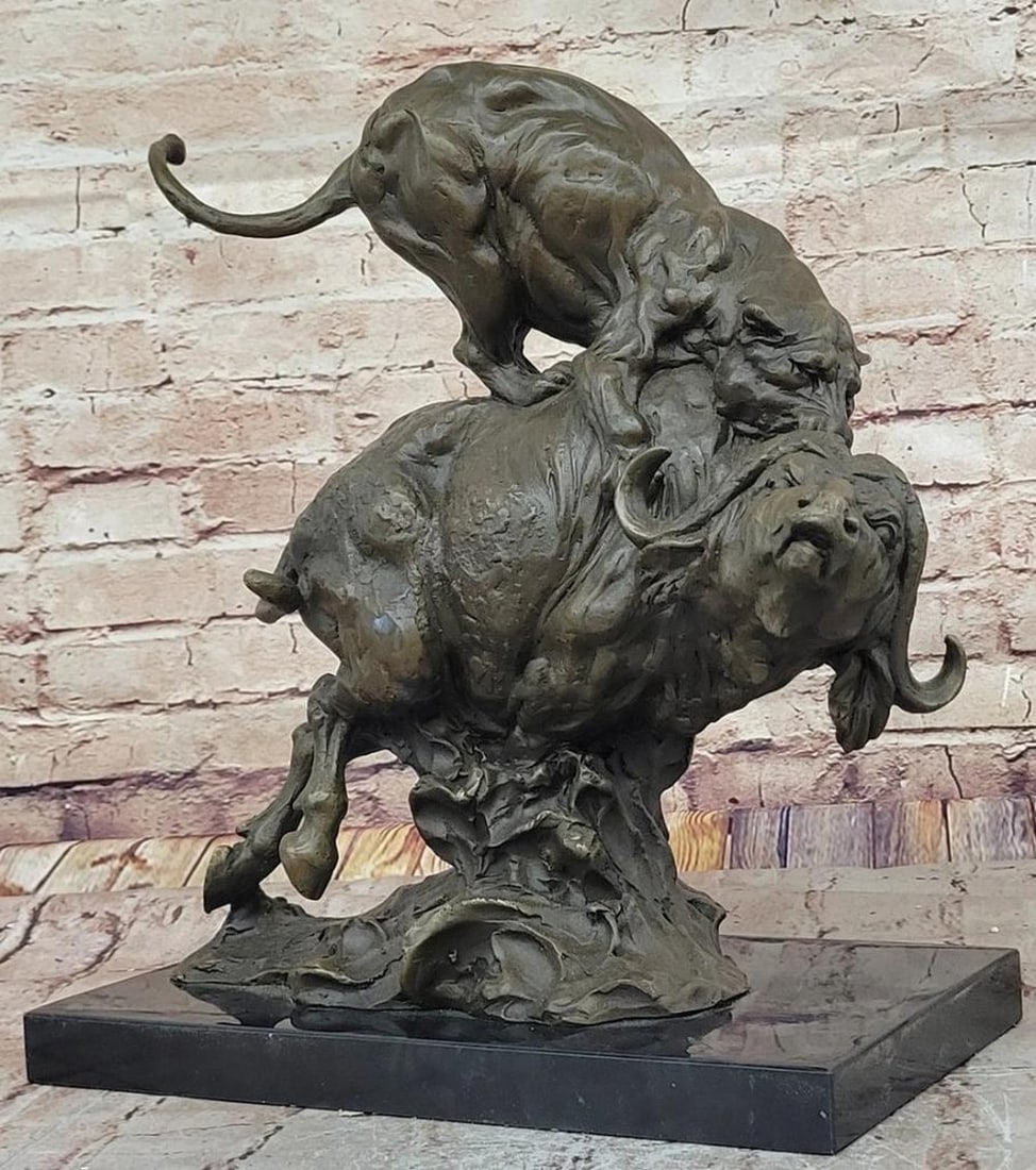 Lion Tackling Buffalo Original Bronze Statue - 15" x 13" (1 of 6)