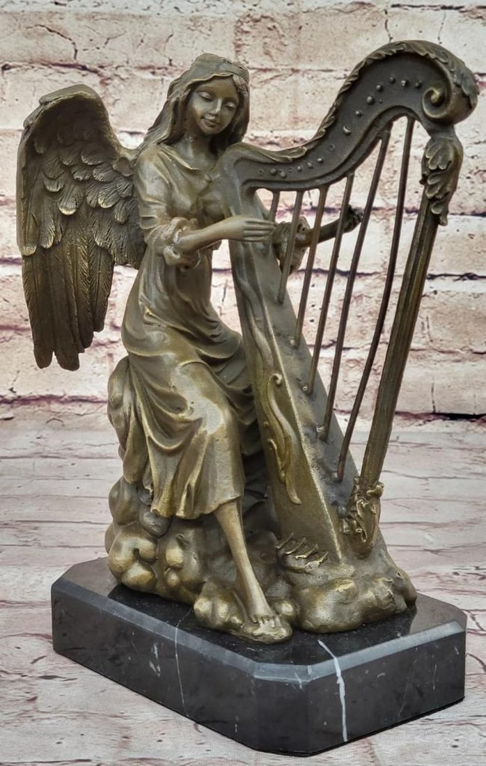 Vintage Inspired Auguste Moreau Angels Playing the Harp Bronze Sculpture - 10" x 9": Vintage Inspired Auguste Moreau Angels Playing the Harp Bronze Sculpture - 10" x 9" Elevate your home or office decor with the captivating beauty of the vintage Auguste Moreau Angels Playing