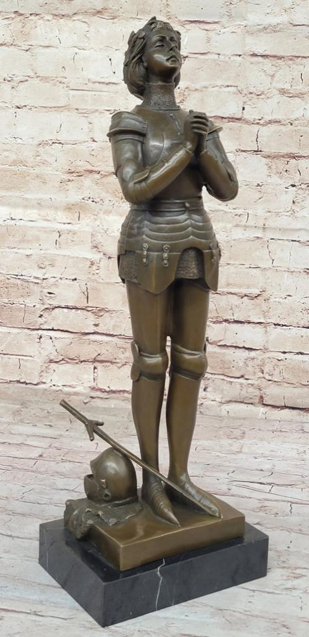 Magnificent Joan of Arc Praying Inspired Bronze Sculpture Signed by MRCIE - 20" x 7": Magnificent Joan of Arc Praying Inspired Bronze Sculpture Signed by MRCIE - 20" x 7" Experience the timeless beauty and profound symbolism of the "Joan of Arc Praying" bronze sculptur