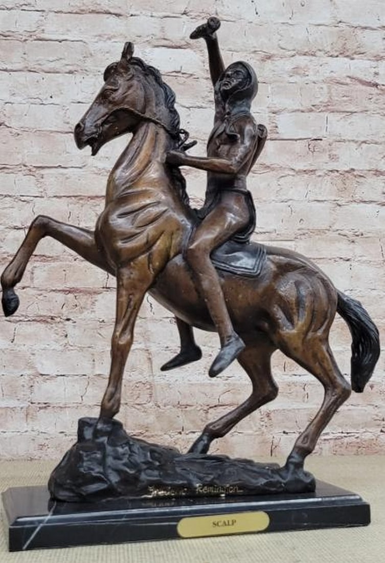 Frederic Remington Inspired 'Scalp' Bronze Sculpture - 19" x 21": Frederic Remington Inspired 'Scalp' Bronze Sculpture - 19" x 21" The Scalp is a striking bronze sculpture figurine inspired by the artwork of Frederic Remington, a renowned American a