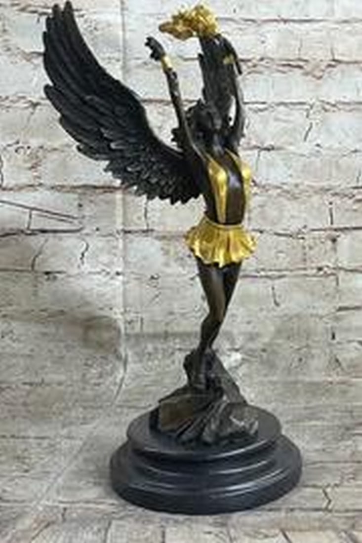 Divine Victory Angel Holding Torch Bronze Art Sculpture by Moreau on Marble Base - 14" x 6.5": Divine Victory Angel Holding Torch Bronze Art Sculpture by Moreau on Marble Base - 14" x 6.5" This captivating bronze sculpture captures the essence of an angel standing with unwavering res