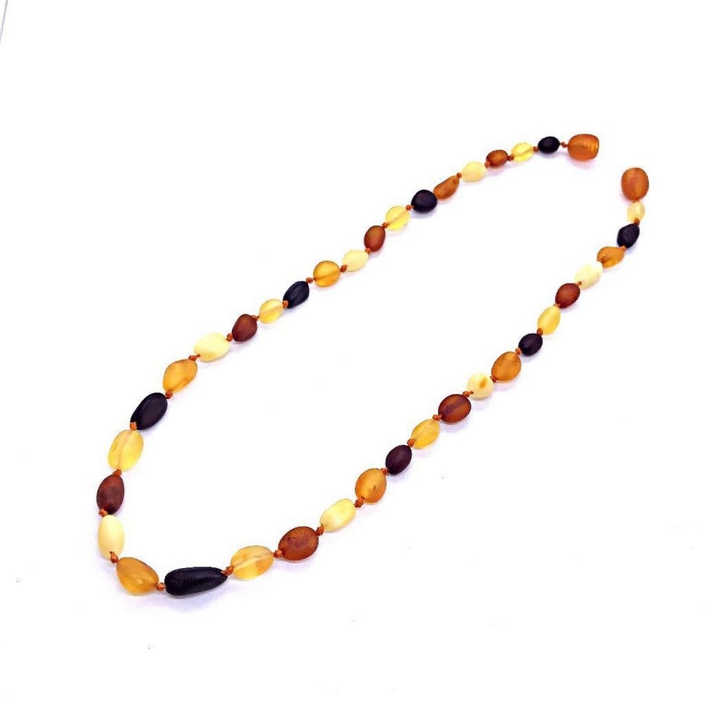 13" Genuine Raw Baltic Amber Baby/Teething Necklace, SCREW CLASP: Genuine Raw Baltic Amber Necklace for Kids. Multi color amber beads set in durable string, single knotted, finished with a screw clasp. The necklace is 13? long. Baby necklace. Specifications WEIGHT-
