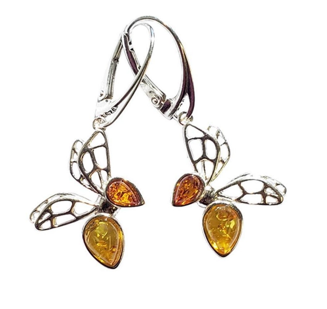 Multi Colour Sterling Silver Amber Bee Hook Earrings (1 of 1)