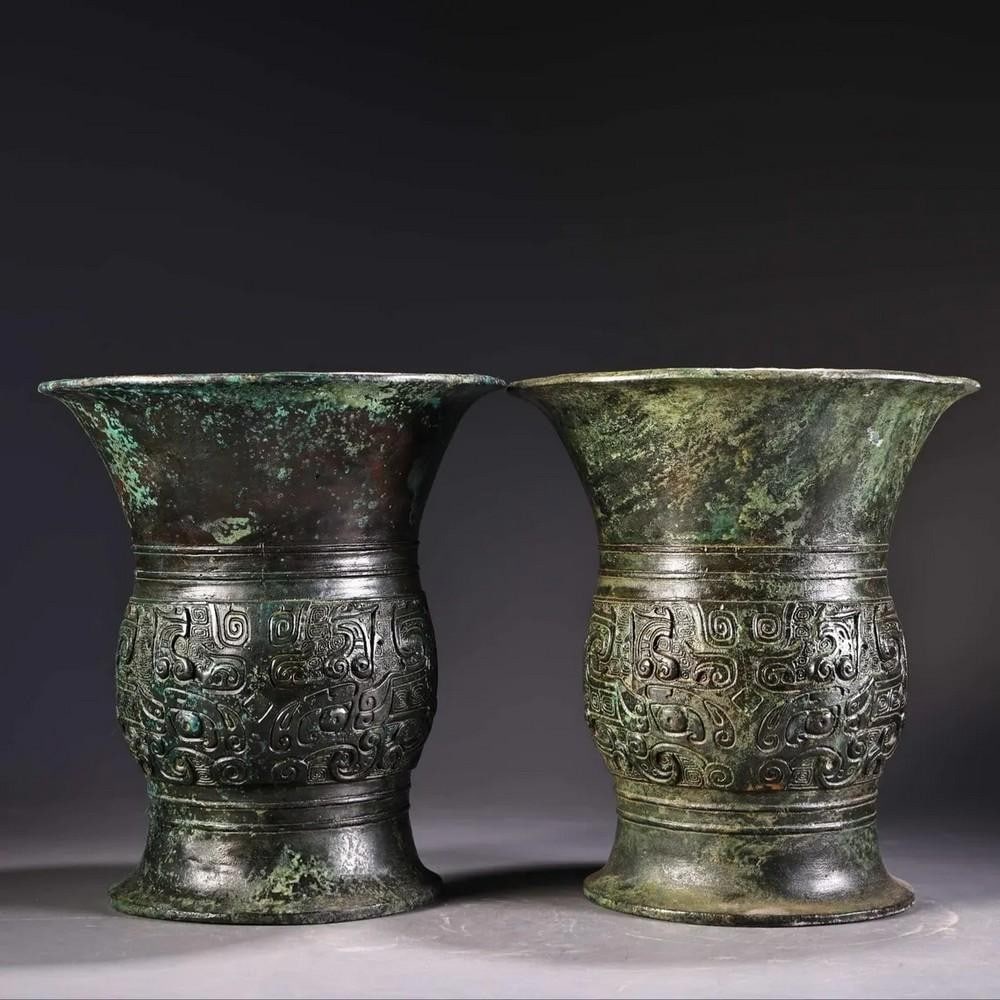 Antique Bronze Longevity Noodle Vase Statues – Pair (1 of 7)