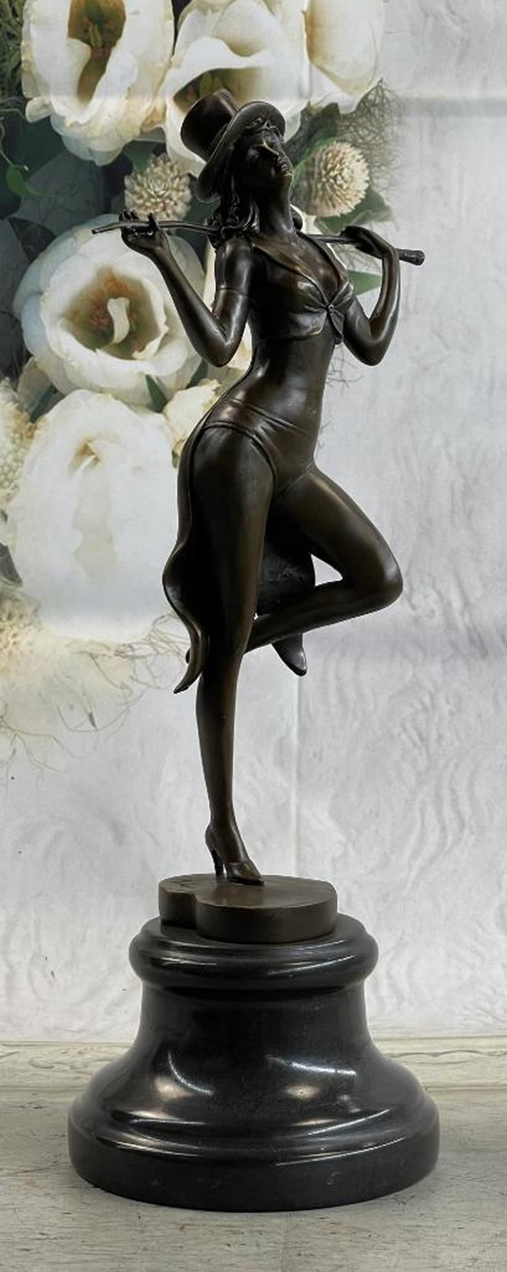 Original Art Deco Bronze Statue Of Jazz Broadway Drama Theatre Dancer - 14" x 6": The red velvet curtain has just opened as the single spotlight shoots on the jazz dancer holding her pose before starting her lively act. She rests all her weight on her left leg as she bends her righ