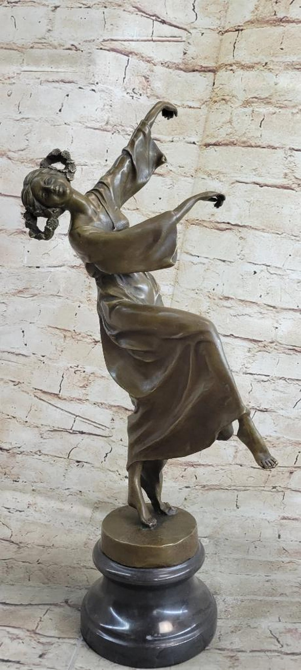 Original Milo Bronze Sculpture of Gypsy Dancer On Marble Base - 13lbs: This astonishing piece of art is a magnificent art deco figurine. Her arms raised in air as she stand on one leg and balances, she is careful not to make a mistake during her performance. She has extr