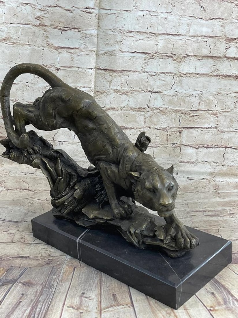 Bugatti Inspired Hunting Tiger Bronze Sculpture On Marble Base - 13" x 18" (1 of 7)
